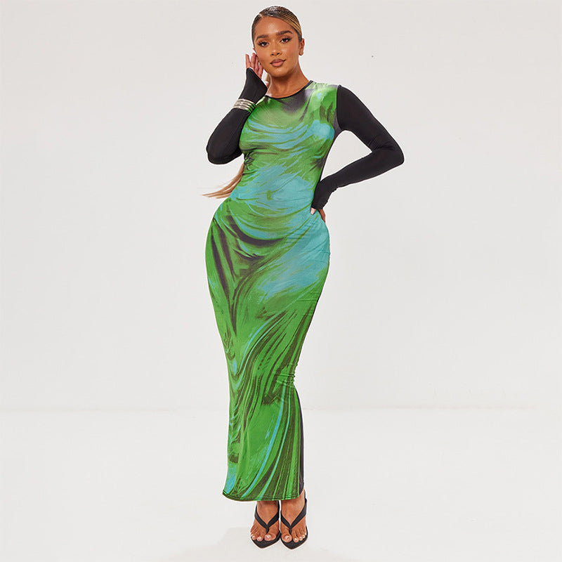 Stylish Round-neck Printed Long-sleeve Waist-cinching Dress