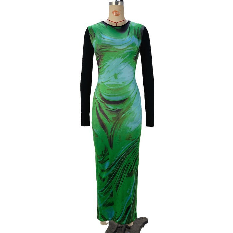 Stylish Round-neck Printed Long-sleeve Waist-cinching Dress