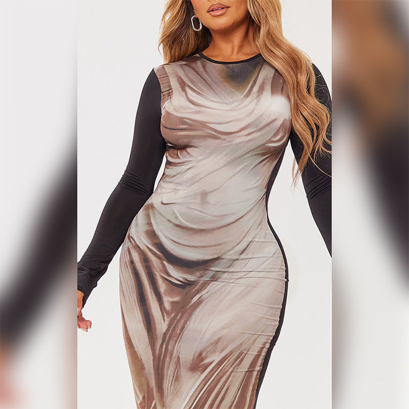 Stylish Round-neck Printed Long-sleeve Waist-cinching Dress