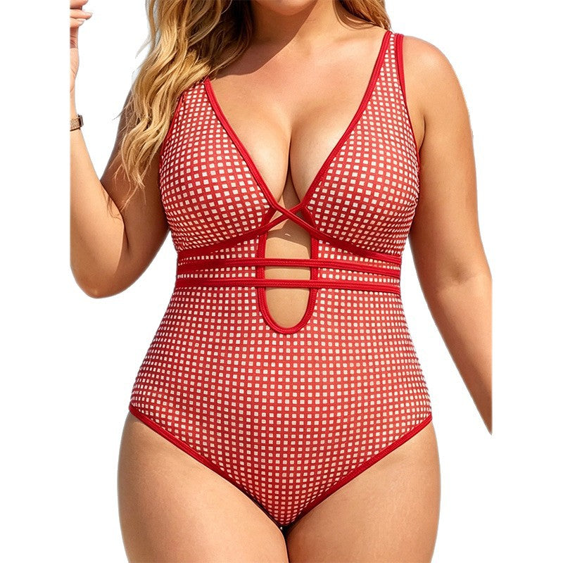 Plus-size Plaid-printed Strap One-piece Bikini V-neck Swimsuit