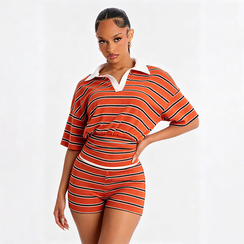 Womens Color-block Lapel Top And Shorts Set for Yoga