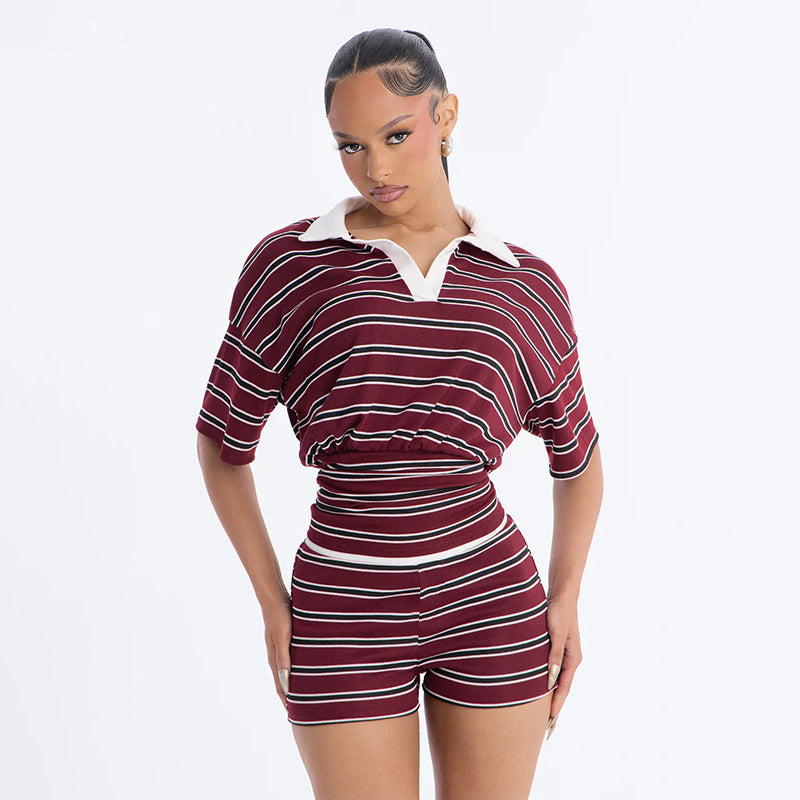 Womens Color-block Lapel Top And Shorts Set for Yoga