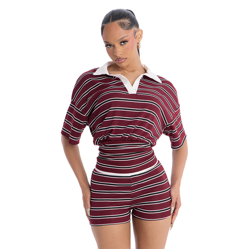 Womens Color-block Lapel Top And Shorts Set for Yoga