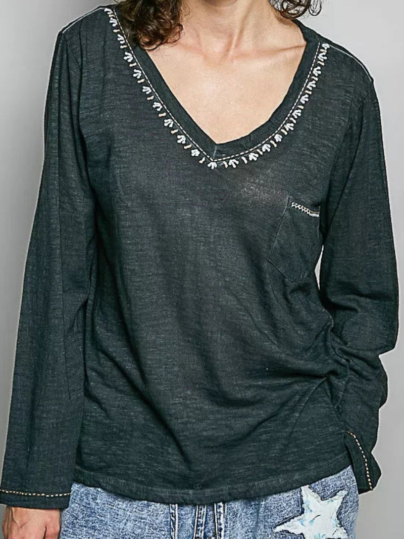 Vintage V-neck Distressed Long-sleeve Top for Women
