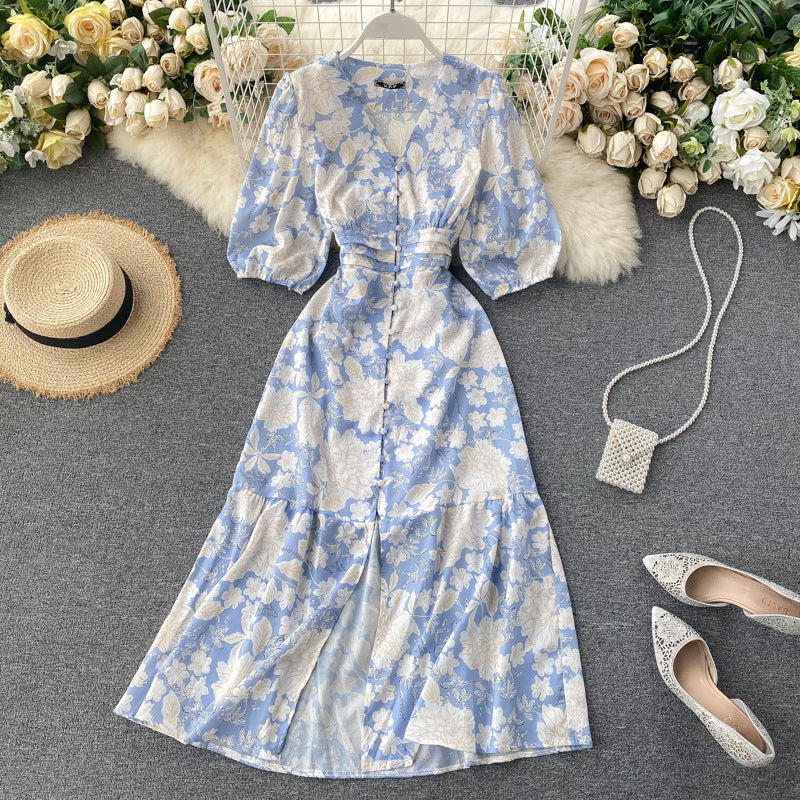 V-neck Buttoned Waist-cinching Slit Dress for Women