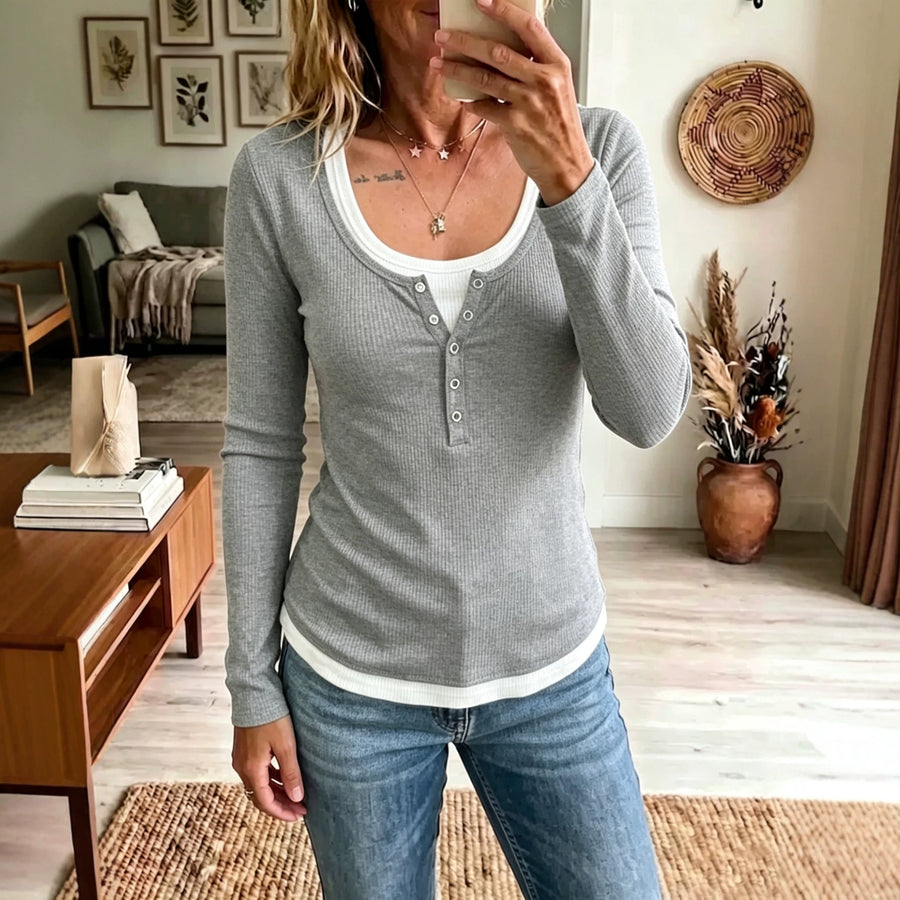 Womens Color-Block Fake Two-Piece Slim-Fit Casual Long-Sleeve T-Shirt