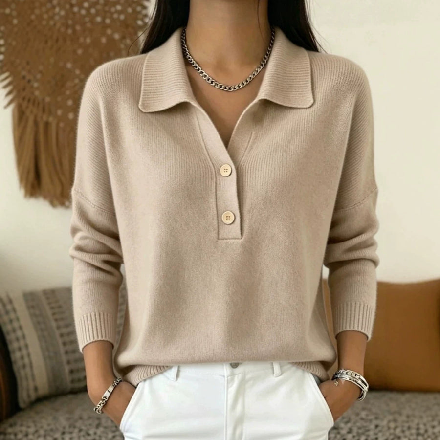 Womens Knitted Sweater with Turn-Down Collar - Casual Knit Top