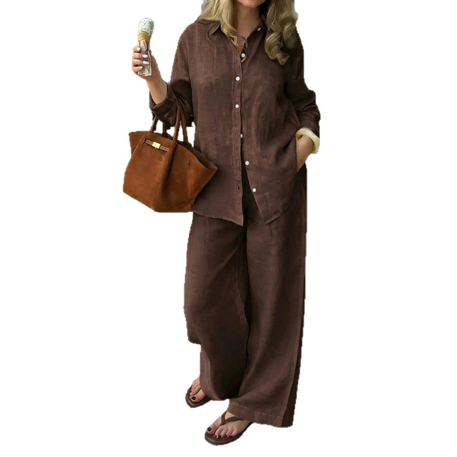 Simple Linen Two-piece Set with Lapel and Long Sleeves