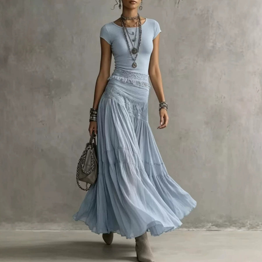 Fashionable Knit Top with Chiffon Long Skirt Set