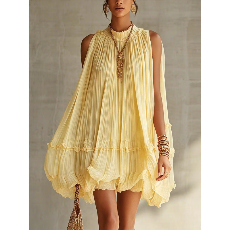 Loose Flared Figure-flattering Pleated Sleeveless Midi Skirt