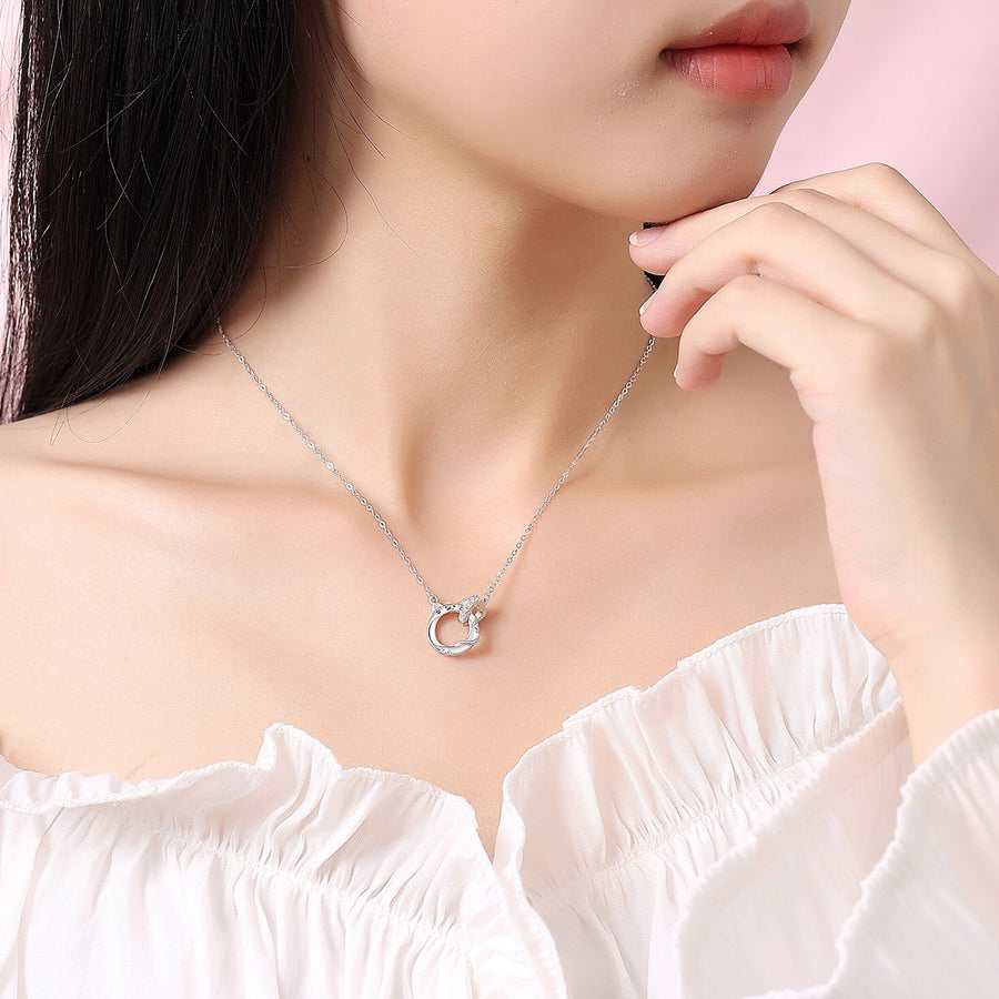 Lucky Cat Double-Ring Necklace for Women in S925 Silver