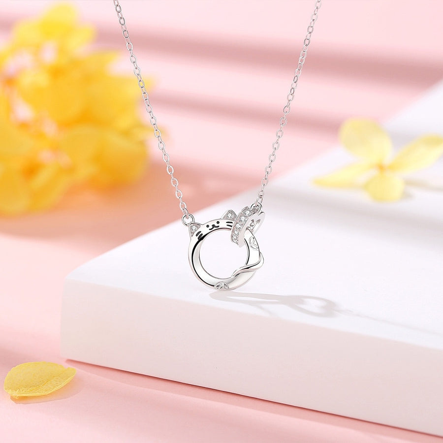 Lucky Cat Double-Ring Necklace for Women in S925 Silver