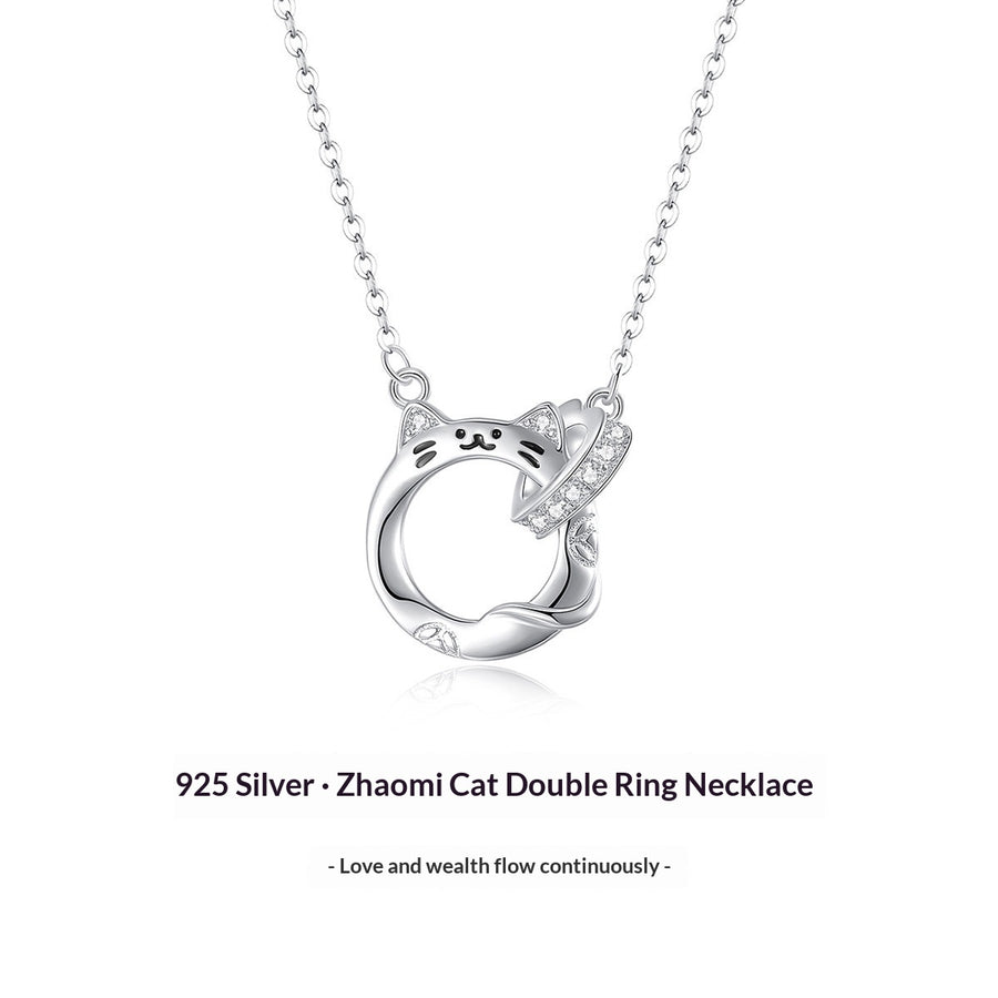 Lucky Cat Double-Ring Necklace for Women in S925 Silver