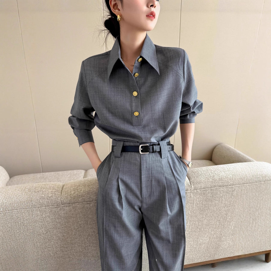 Powerful Aura Women's Gray Shirt and Suit Pants Set