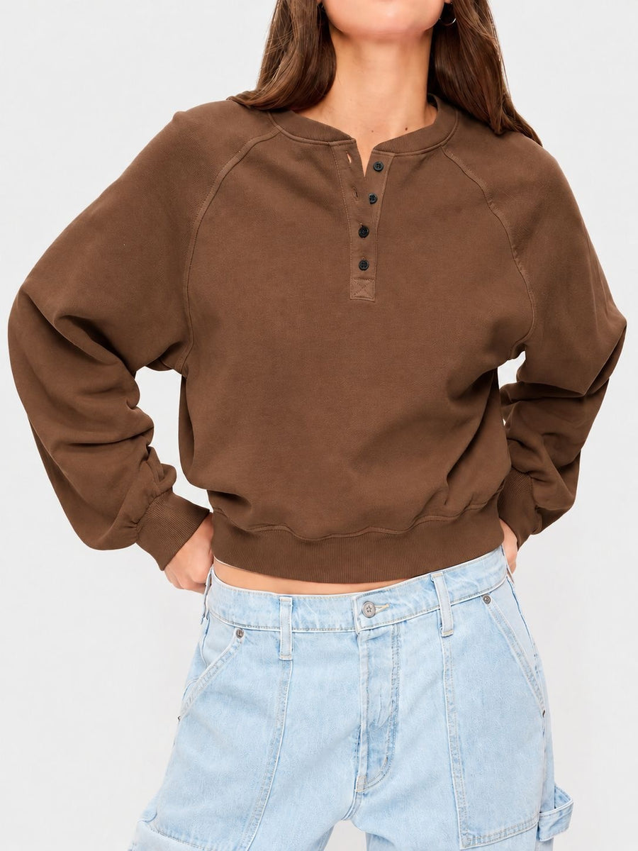 Womens Crew-neck Button-up Sweatshirt - Casual Cropped Top