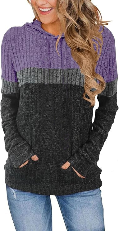 Casual Color-block Patchwork Hooded Sweatshirt with Pockets