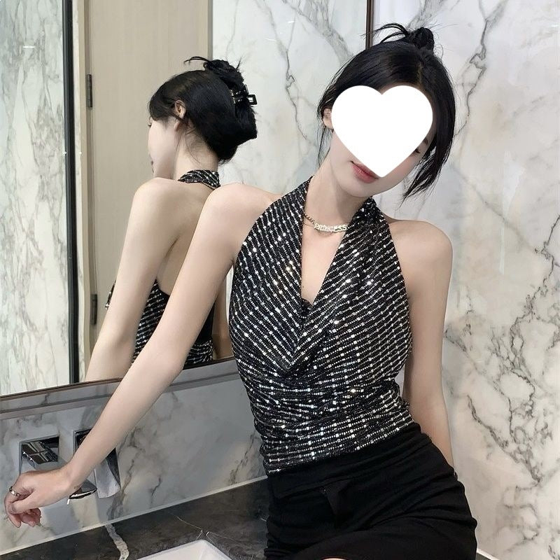 Sequined Ruffled-neck Halter Strap Sleeveless Tank Top