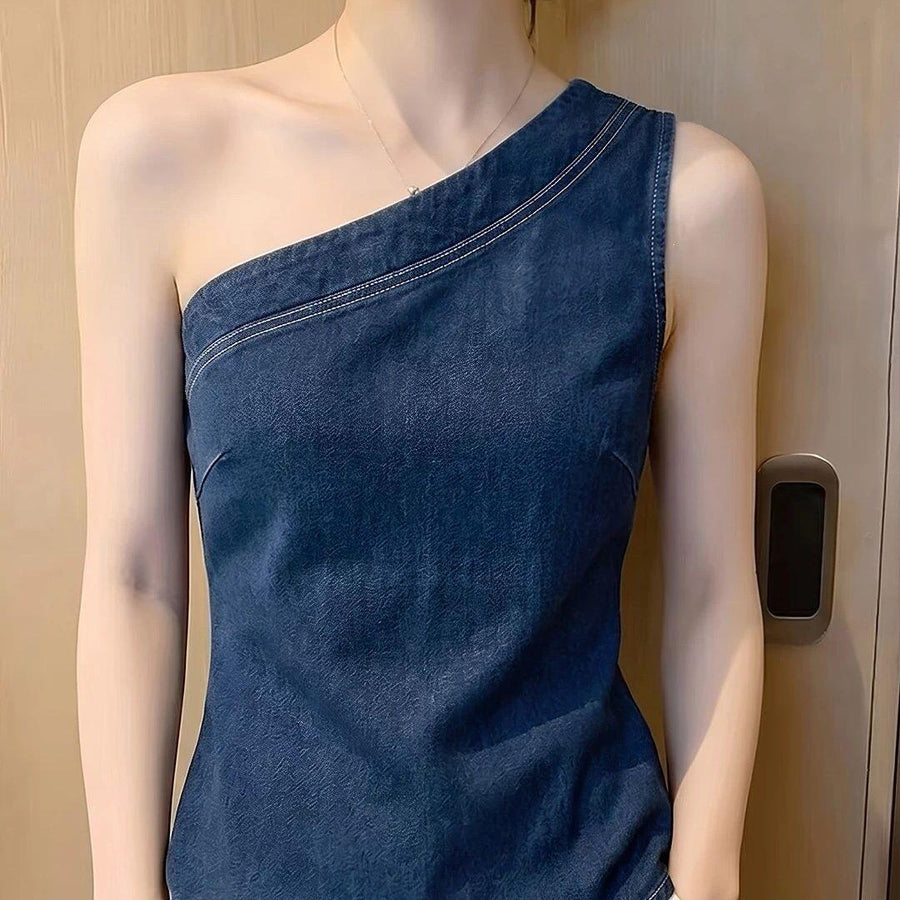 Light-luxury Sleeveless Blue Slim-fit Denim Top