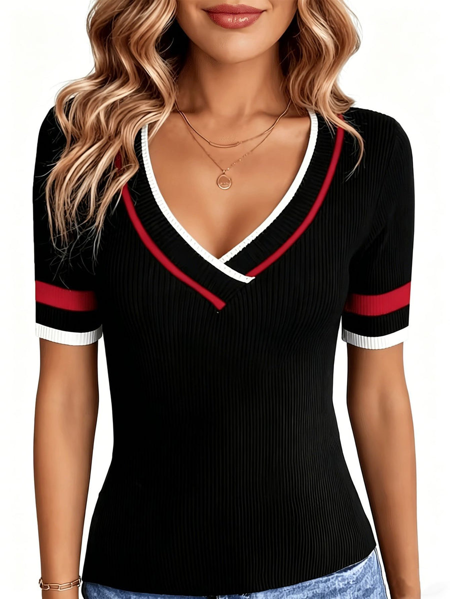 Womens V-neck Knitted Short-Sleeve T-Shirt - Stylish Comfort