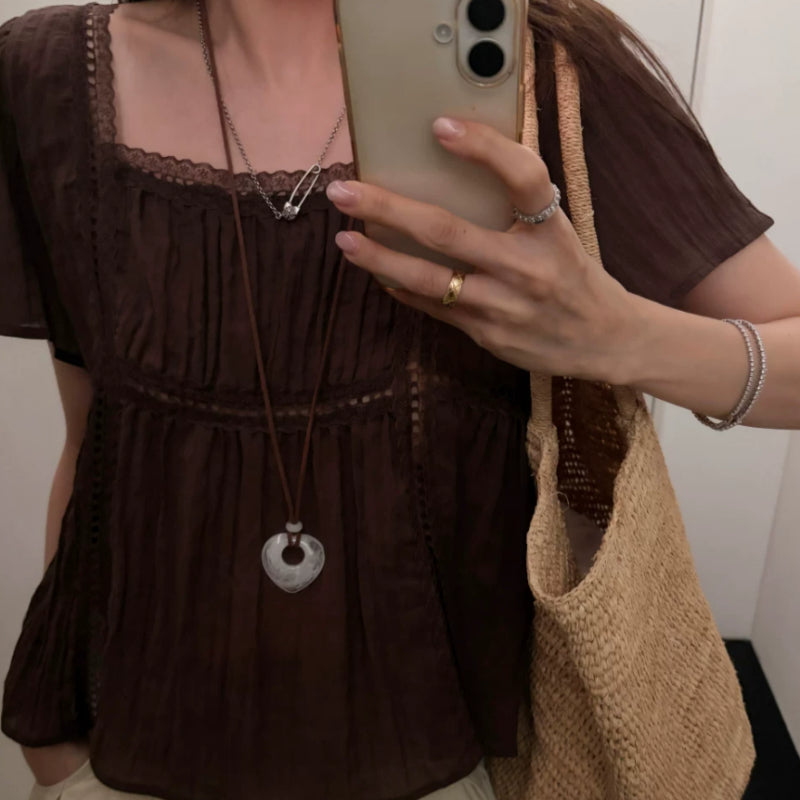 French-style Vintage Square-neck Short-sleeve Shirt for Women
