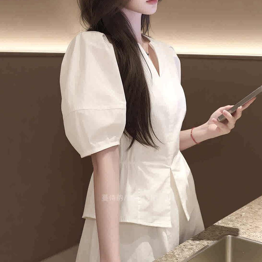 Summer Designer White Puff-sleeve Waist-cinching Blouse