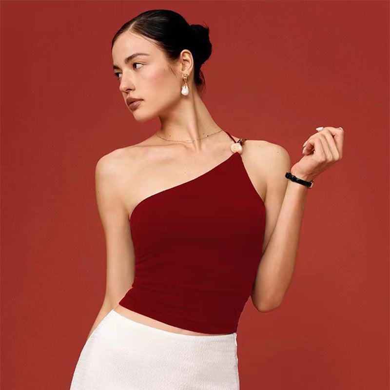 Yoga Tank Top with Single-shoulder Strap & Gemstone Accents