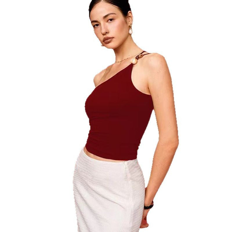 Yoga Tank Top with Single-shoulder Strap & Gemstone Accents