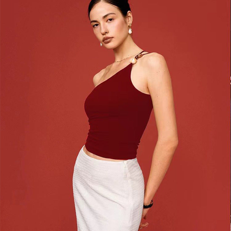 Yoga Tank Top with Single-shoulder Strap & Gemstone Accents