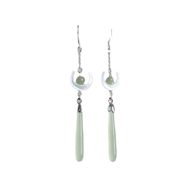 Elegant Hetian Jade Moon-shaped Earrings - Light Green Style