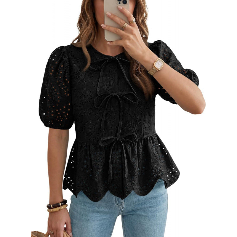 Ruffle-trimmed Puff-sleeved Top with Tie Belt
