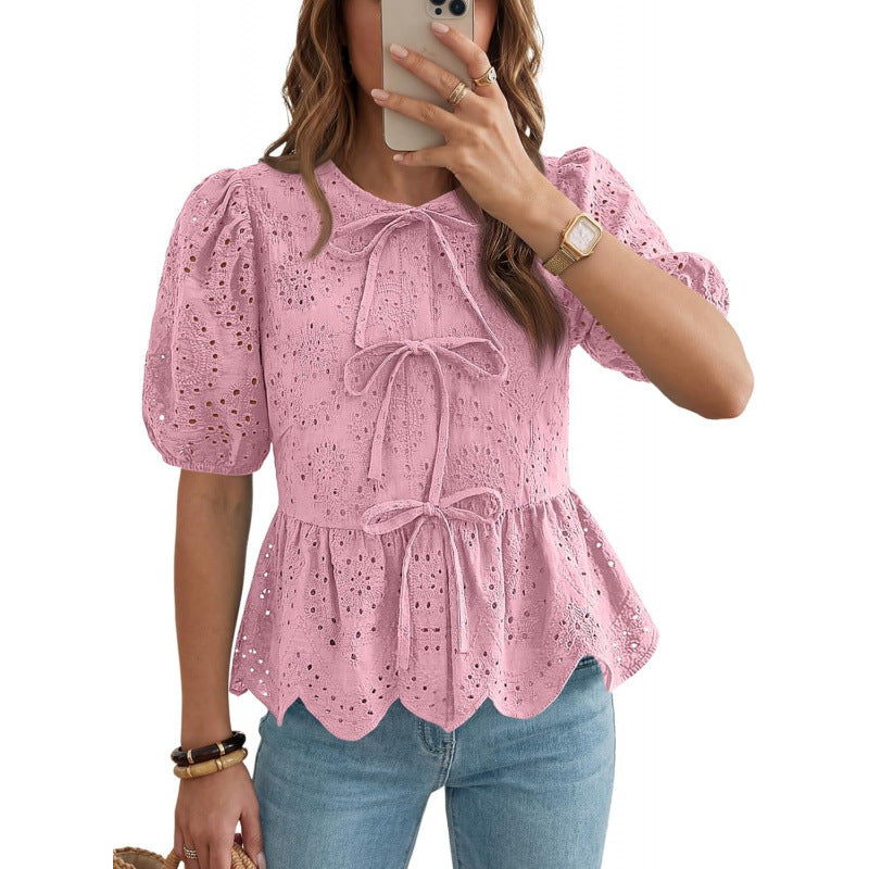 Ruffle-trimmed Puff-sleeved Top with Tie Belt