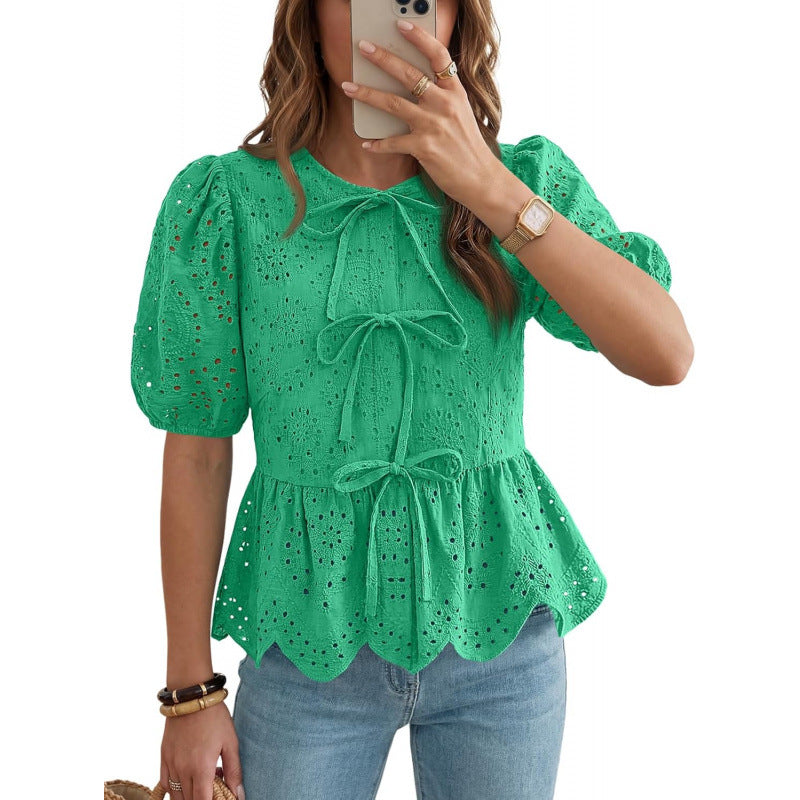 Ruffle-trimmed Puff-sleeved Top with Tie Belt
