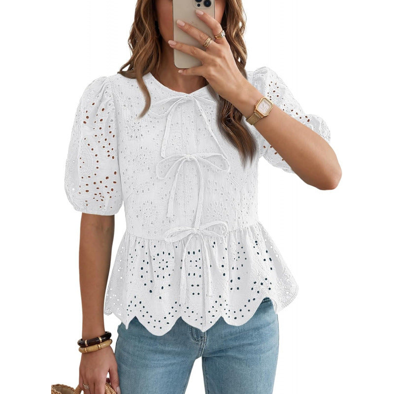Ruffle-trimmed Puff-sleeved Top with Tie Belt