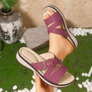 Light Khaki Flip-Flops with Double Straps - Women's Platform Wedge Sandals