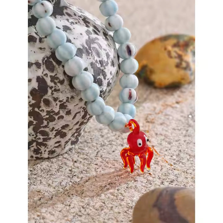 Ceramic Octopus Pendant with Teal Bead Chain Necklace