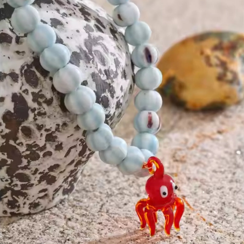 Ceramic Octopus Pendant with Teal Bead Chain Necklace
