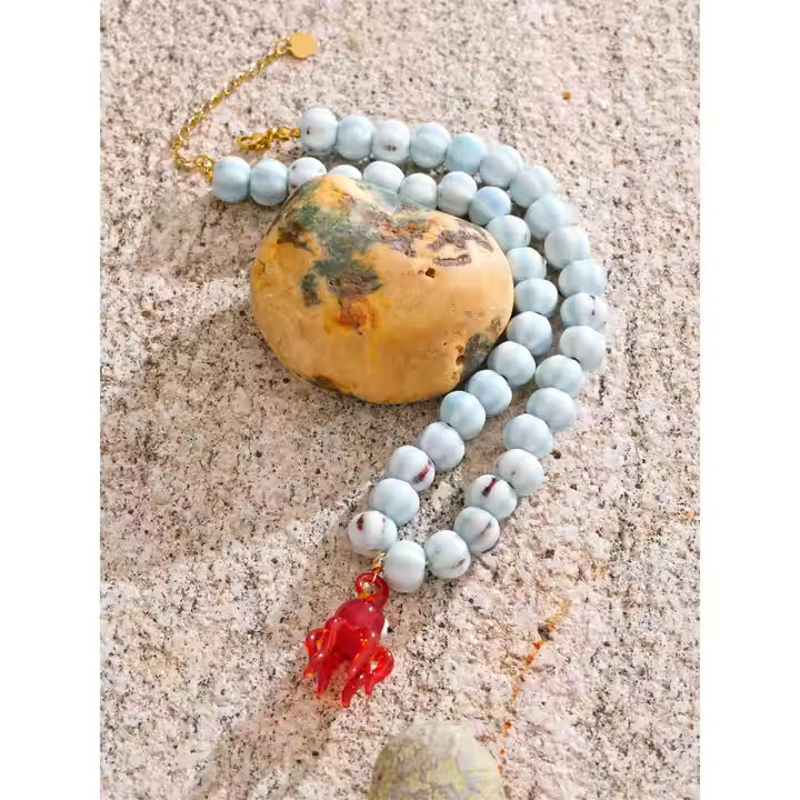 Ceramic Octopus Pendant with Teal Bead Chain Necklace