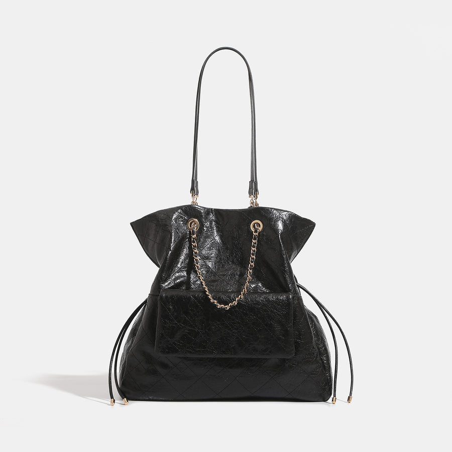Preppy-style Oil-waxed Leather Quilted Chain Backpack for Women