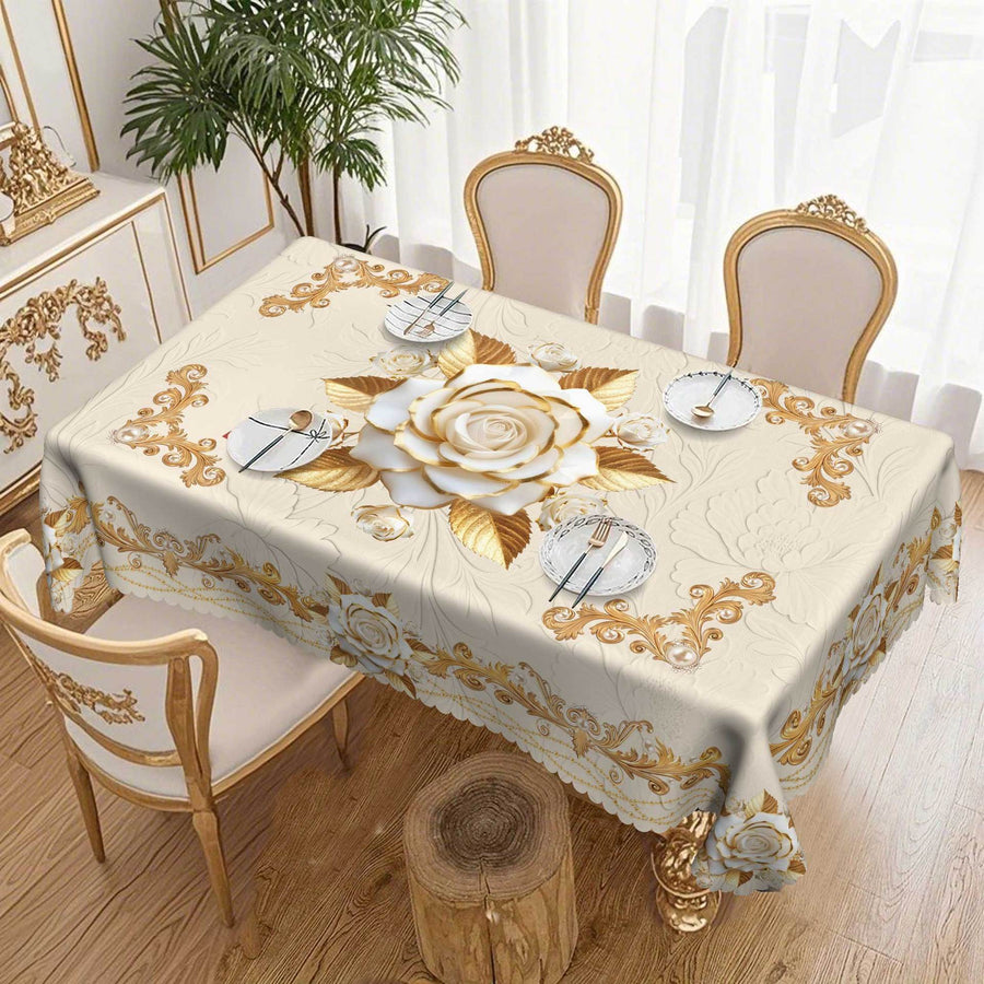 High-end Tablecloth with Rose Motif and Gold Foil Embossing