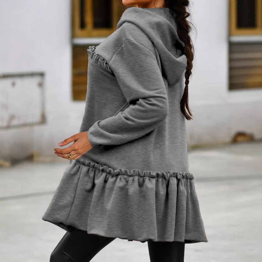 Autumn-style hoodie with wooden earflaps and slanted hem
