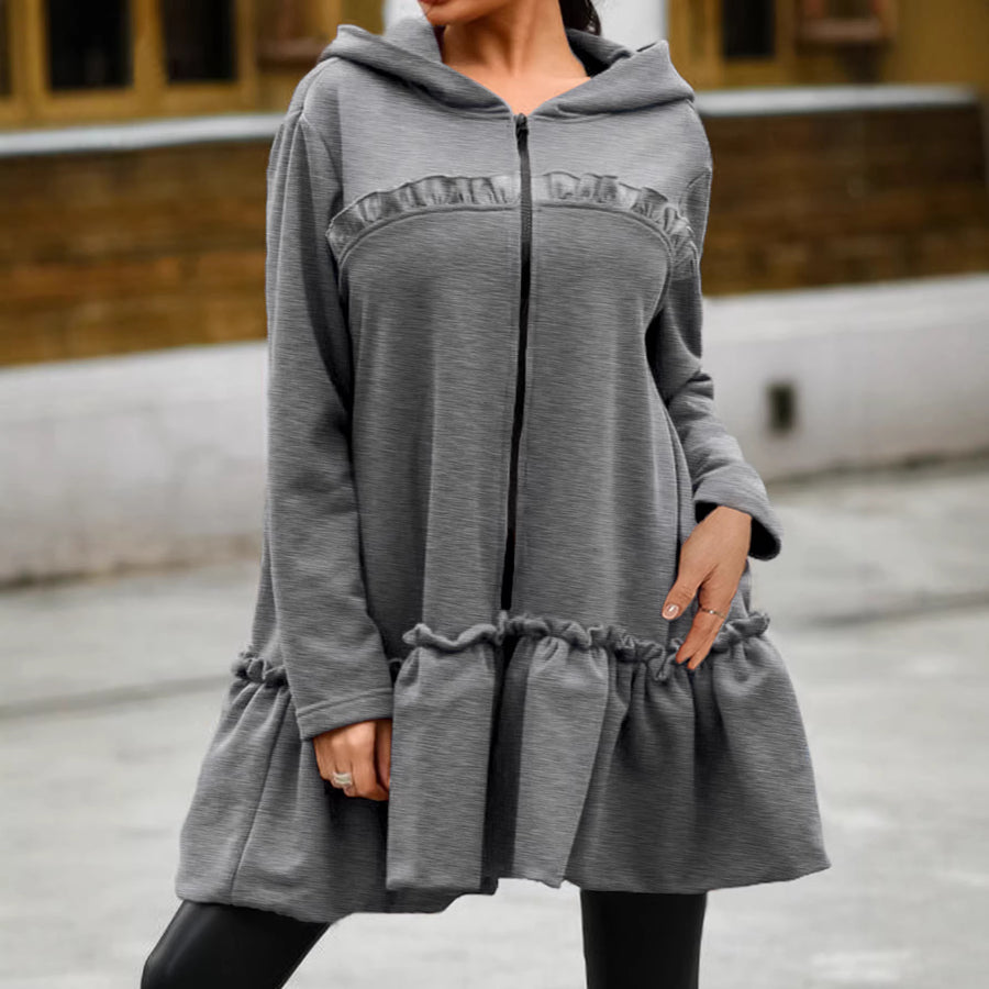 Autumn-style hoodie with wooden earflaps and slanted hem
