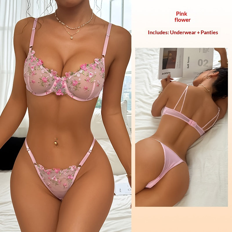 Memory Soft Steel Ring Embroidered Lace Lingerie Set