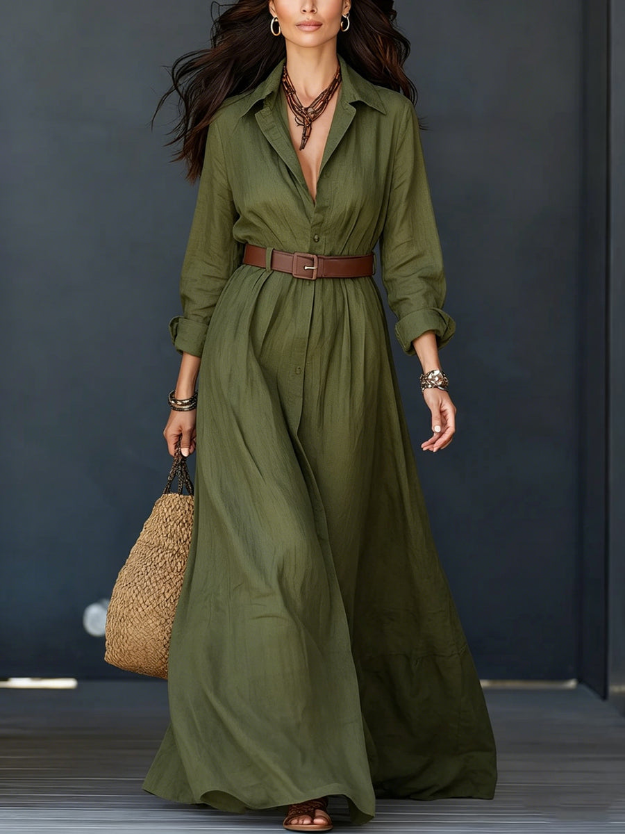 Long-sleeve Waist-cinched Floor-length Vacation Dress with Belt