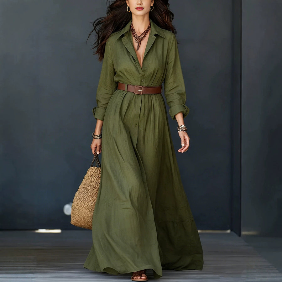 Long-sleeve Waist-cinched Floor-length Vacation Dress with Belt
