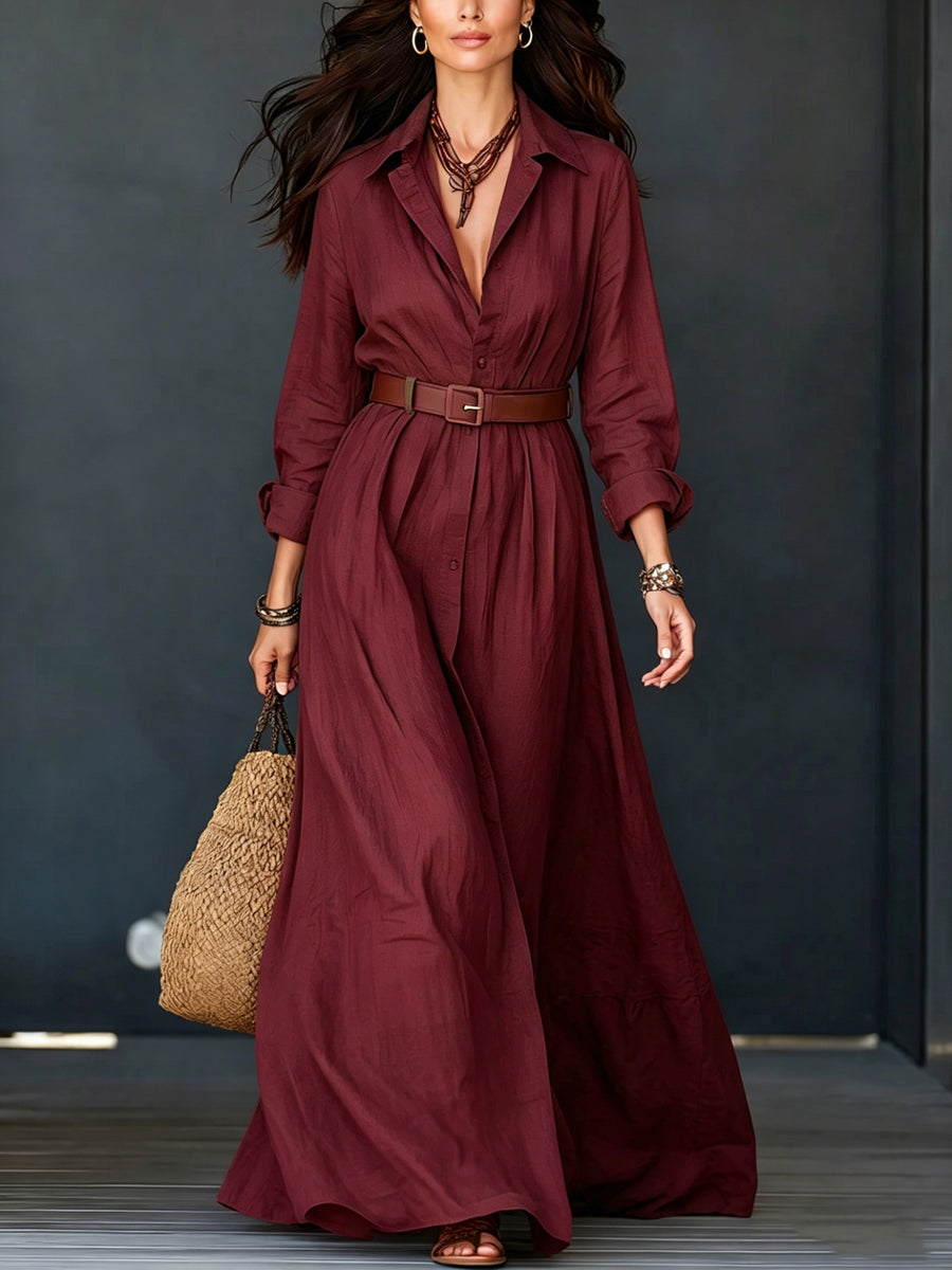 Long-sleeve Waist-cinched Floor-length Vacation Dress with Belt