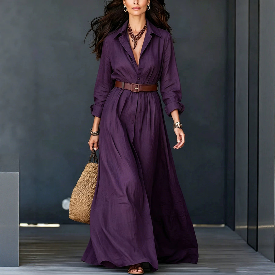 Long-sleeve Waist-cinched Floor-length Vacation Dress with Belt