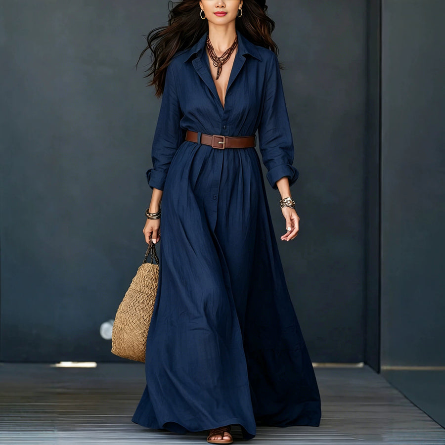 Long-sleeve Waist-cinched Floor-length Vacation Dress with Belt