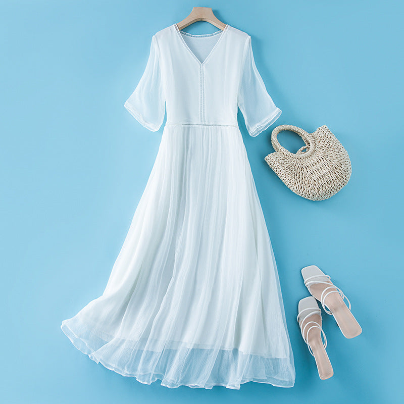 Womens Seven-Quarter-Sleeve Silk Dress for Elegance