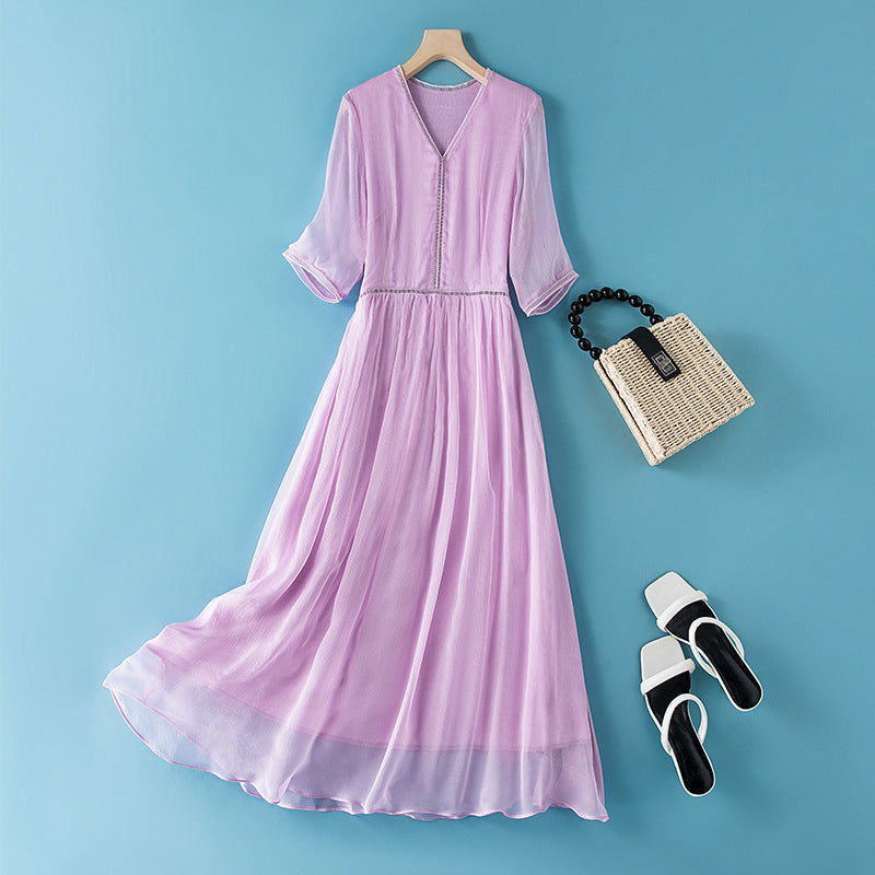 Womens Seven-Quarter-Sleeve Silk Dress for Elegance