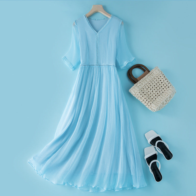 Womens Seven-Quarter-Sleeve Silk Dress for Elegance